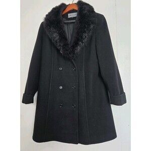 Vintage Bromley Coat Womens 10 Black 100% Wool Faux Fur Old Money Winter Classy